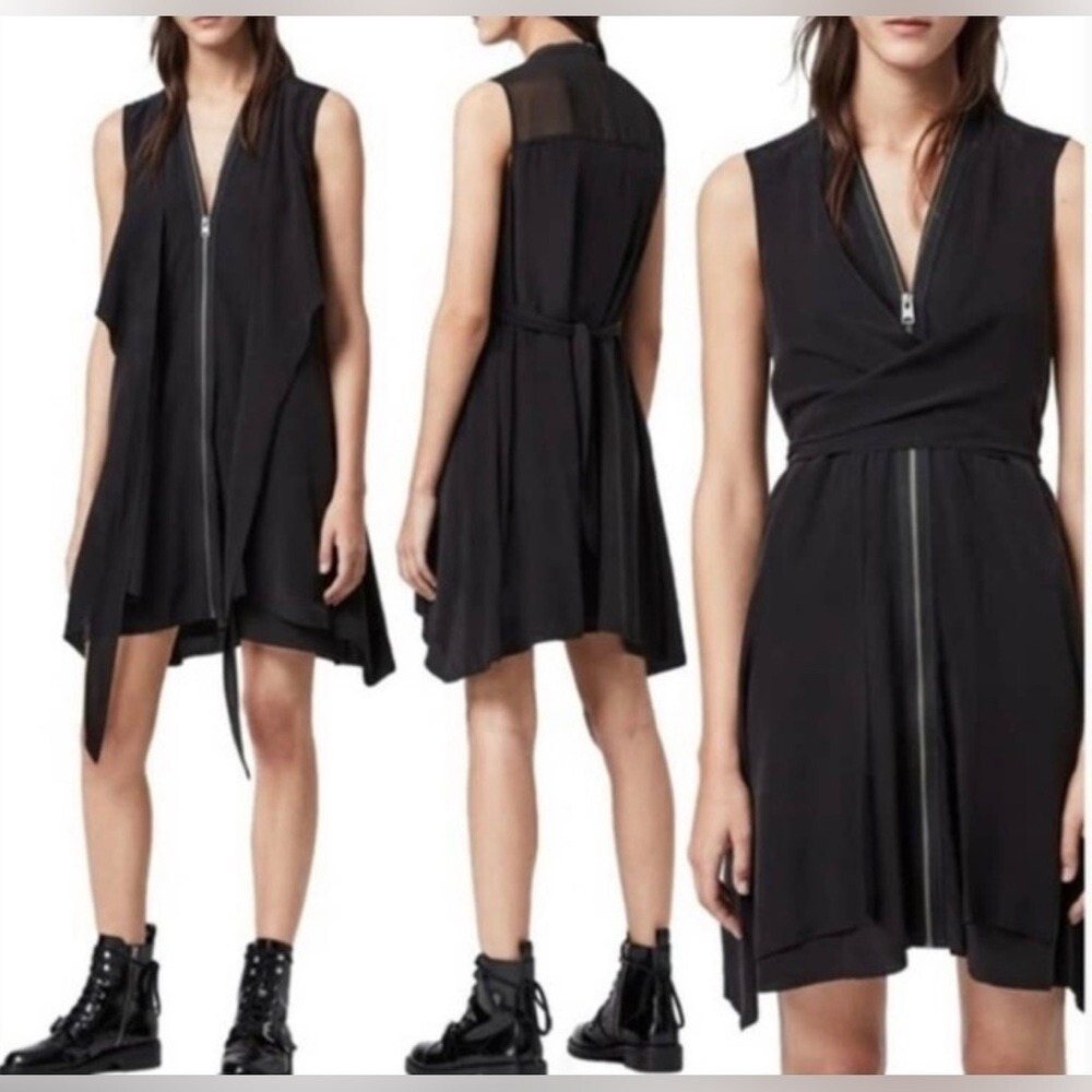 New Allsaints Jayda Silk Dress Womens Black Sz Small Front Zip Raw Edge $305.